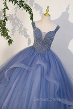 Blue Beaded Tulle Long A-Line Prom Dresses, Blue Formal Dresses