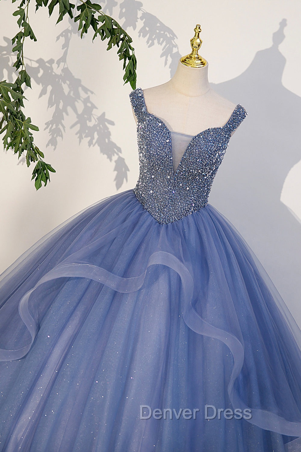 Blue Beaded Tulle Long A-Line Prom Dresses, Blue Formal Dresses