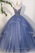 Blue Beaded Tulle Long A-Line Prom Dresses, Blue Formal Dresses