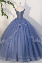 Blue Beaded Tulle Long A-Line Prom Dresses, Blue Formal Dresses