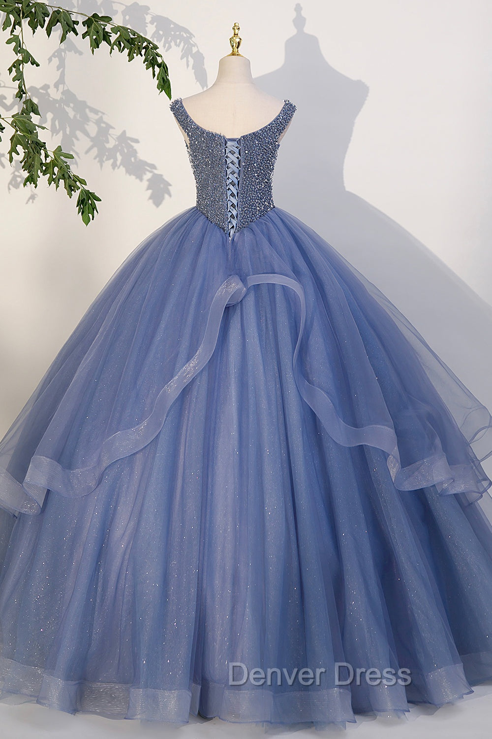 Blue Beaded Tulle Long A-Line Prom Dresses, Blue Formal Dresses