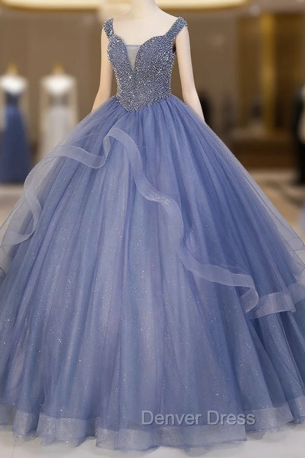Blue Beaded Tulle Long A-Line Prom Dresses, Blue Formal Dresses Main image