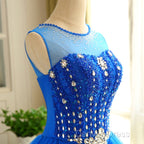 Blue Beaded Tulle Short Cute Homecoming Dresses, Blue Short Party Dresses Prom Dresses
