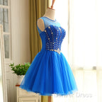 Blue Beaded Tulle Short Cute Homecoming Dresses, Blue Short Party Dresses Prom Dresses