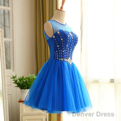 Blue Beaded Tulle Short Cute Homecoming Dress, Blue Short Party Dress Prom Dress