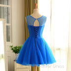 Blue Beaded Tulle Short Cute Homecoming Dresses, Blue Short Party Dresses Prom Dresses