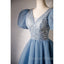 Blue Beaded Tulle Short Sleeves Formal Dresses, Blue Homecoming Dresses Prom Dresses