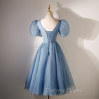 Blue Beaded Tulle Short Sleeves Prom Dress, Blue Homecoming Dress Prom Dresses