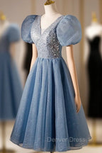 Blue Beaded Tulle Short Sleeves Prom Dress, Blue Homecoming Dress Prom Dresses