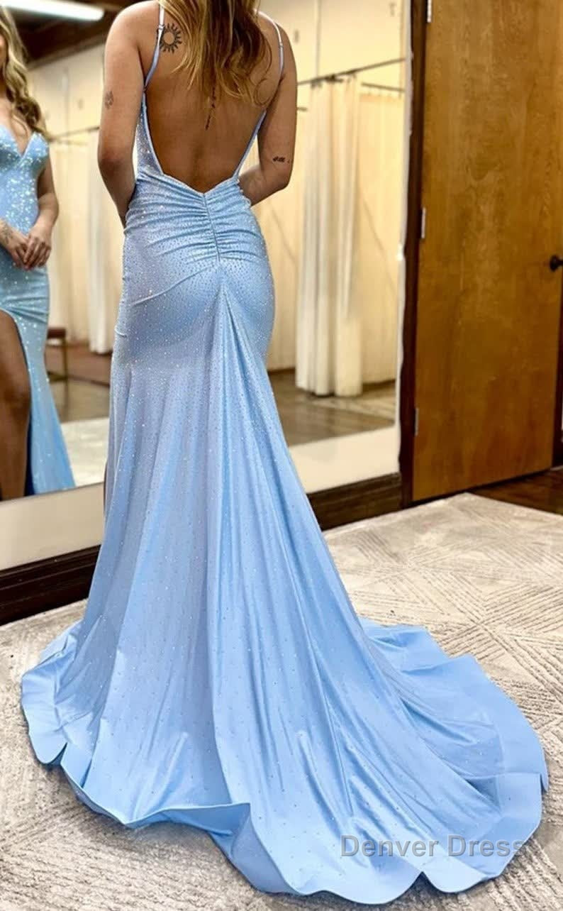 Blue Beading Prom Dress with Slit Prom Dresses – Denver Dress