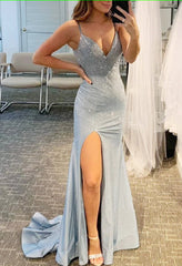 blue beading prom dress with slit