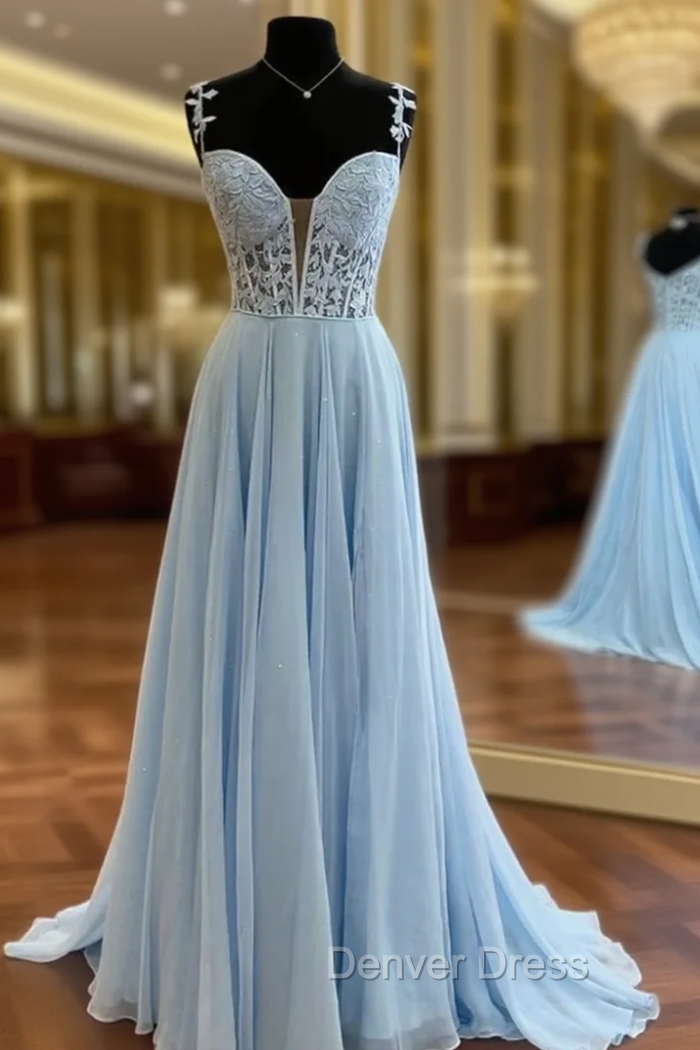 Blue Chiffon Appliques Straps Prom Dresses Main image