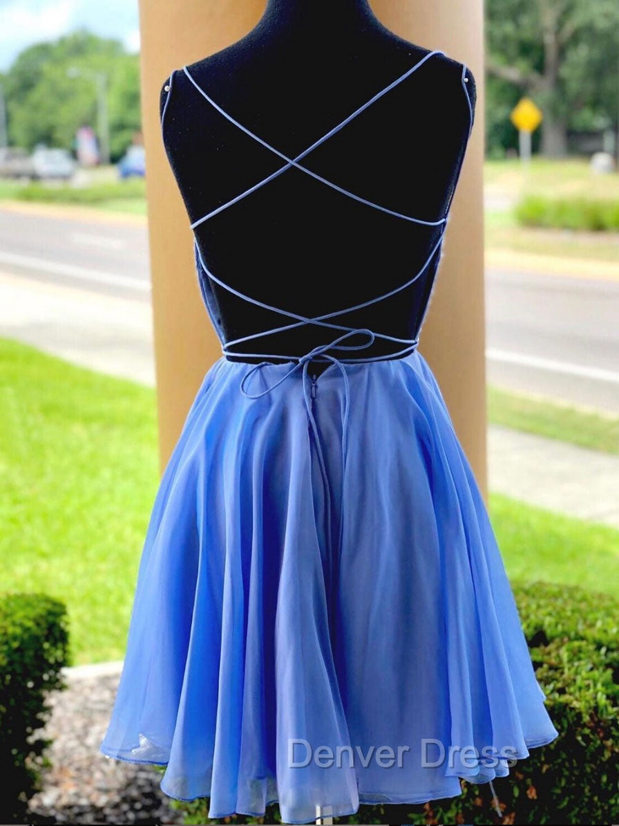 Blue Chiffon Beads Backless Short Prom Dress, Blue Homecoming Dresses Secondary image