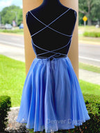 Blue Chiffon Beads Backless Short Prom Dress, Blue Homecoming Dresses