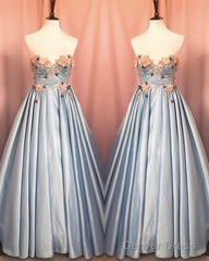 Blue Corset Long Satin Dresses With 3D Flowers