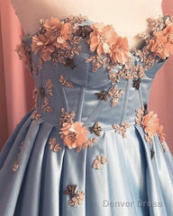 Blue Corset Long Satin Dresses With 3D Flowers