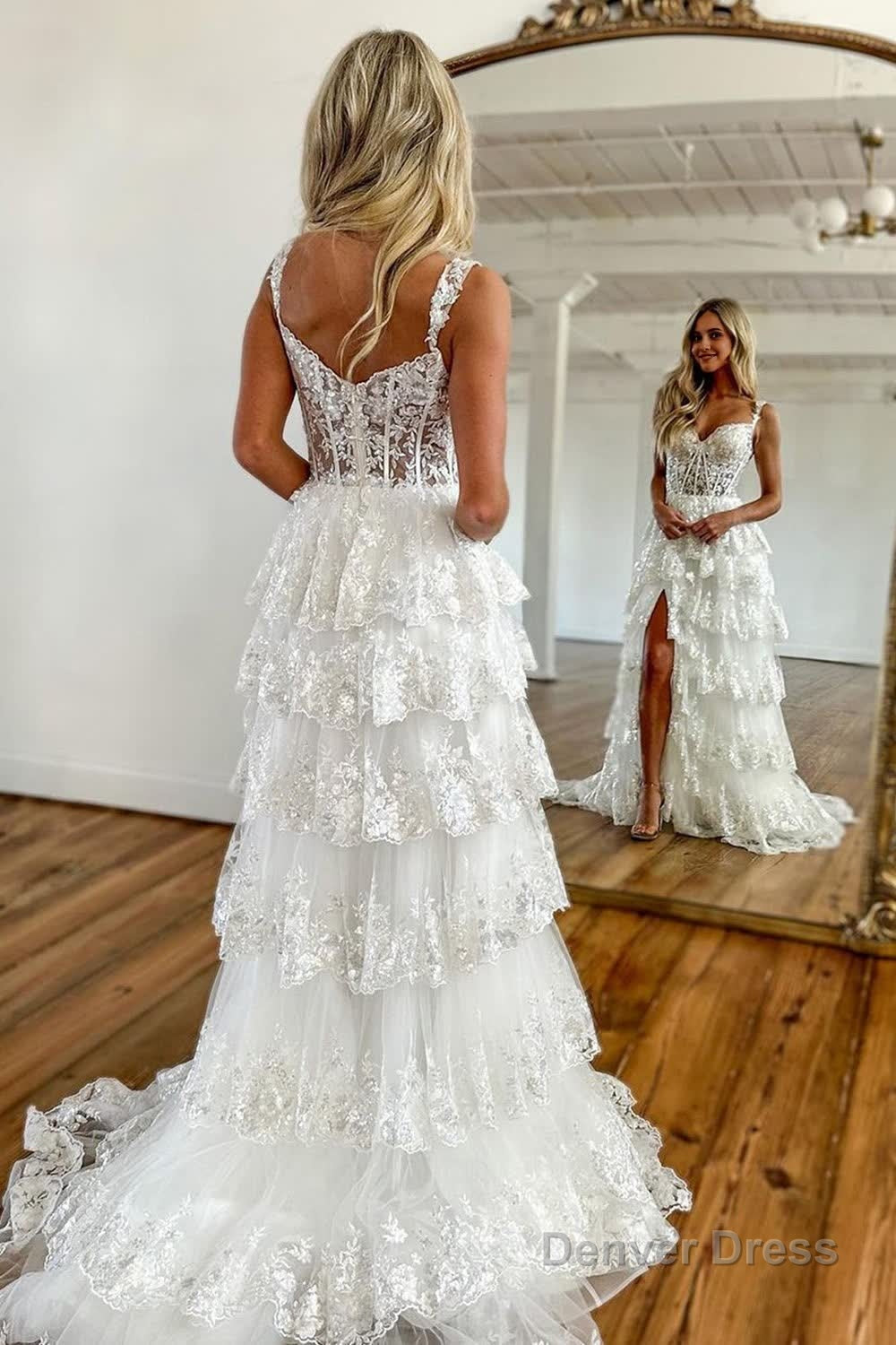 chinese dress ladies Blue Corset Tiered Lace Prom Dresses with Slit – Denver Dress