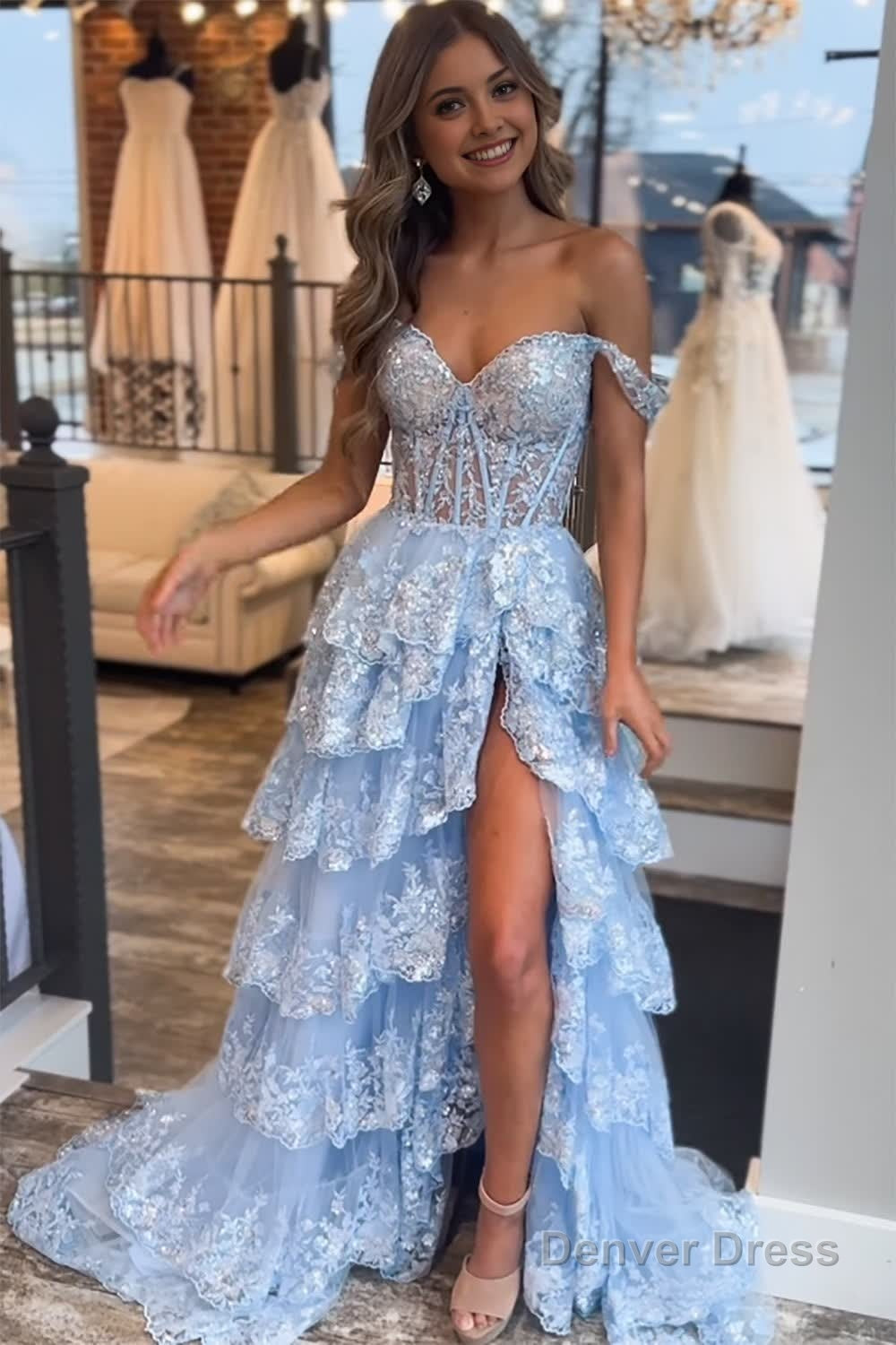 white christmas dresses Blue Corset Tiered Lace Prom Dresses with Slit Denver Dress white christmas dresses Blue Corset Tiered Lace Prom Dresses with Slit Denver Dress
