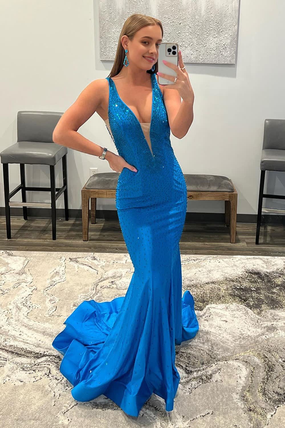 blue deep v neck mermaid prom dress with beading
