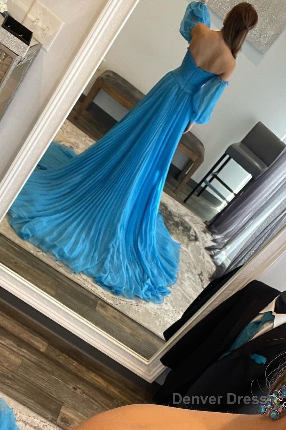 Blue Detachable Sleeves Cut Out Long Prom Dresses with Beading Secondary image