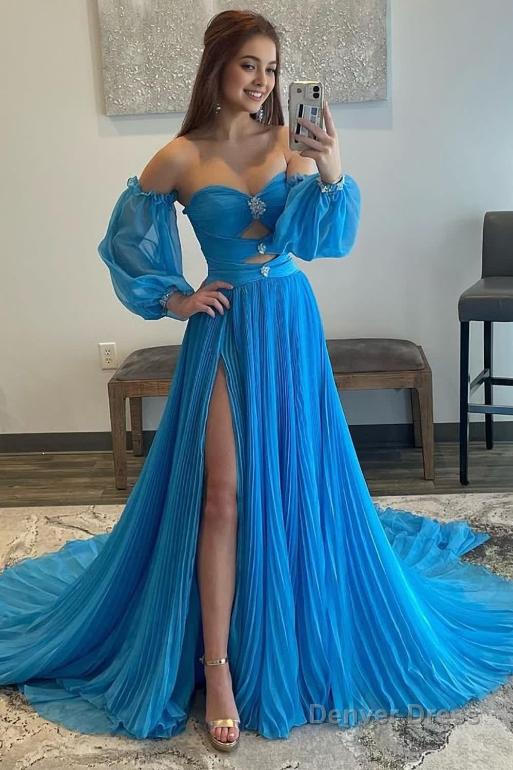 Blue Detachable Sleeves Cut-Out Long Prom Dress with Beading Main image