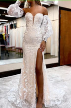 Blue Detachable Sleeves Sweetheart Lace Long Prom Dresses with Slit