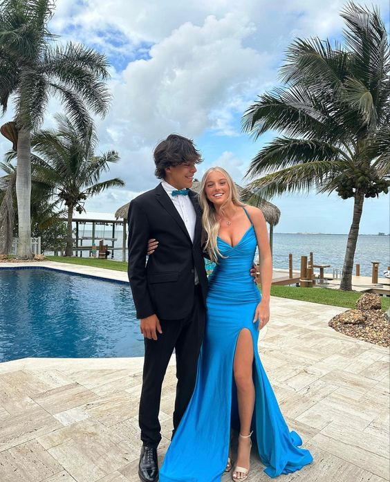 Blue Elegant Mermaid Slit Prom Dress Long Prom Dresses Main image