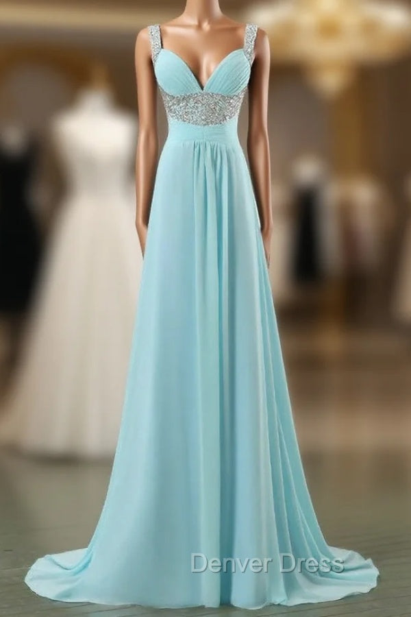 Blue Empire Spaghetti Straps Chiffon Backless Long Prom Dresses Main image