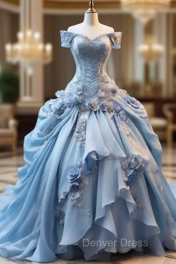 Blue Fairy 3D Floral Prom Dresses Bustle Ruched Sweet 16 Ball Gown Quinceanera Dresses Main image