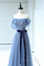 Blue Floor Length Prom Dress, A Line Strapless Tulle Prom Dresses