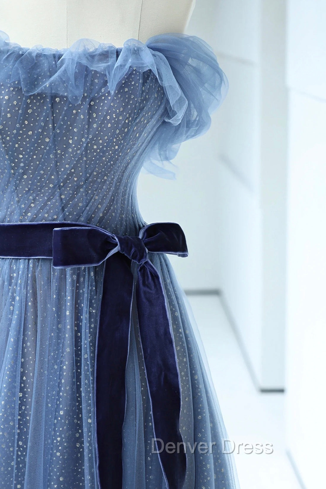 Blue Floor Length Prom Dress, A Line Strapless Tulle Prom Dresses