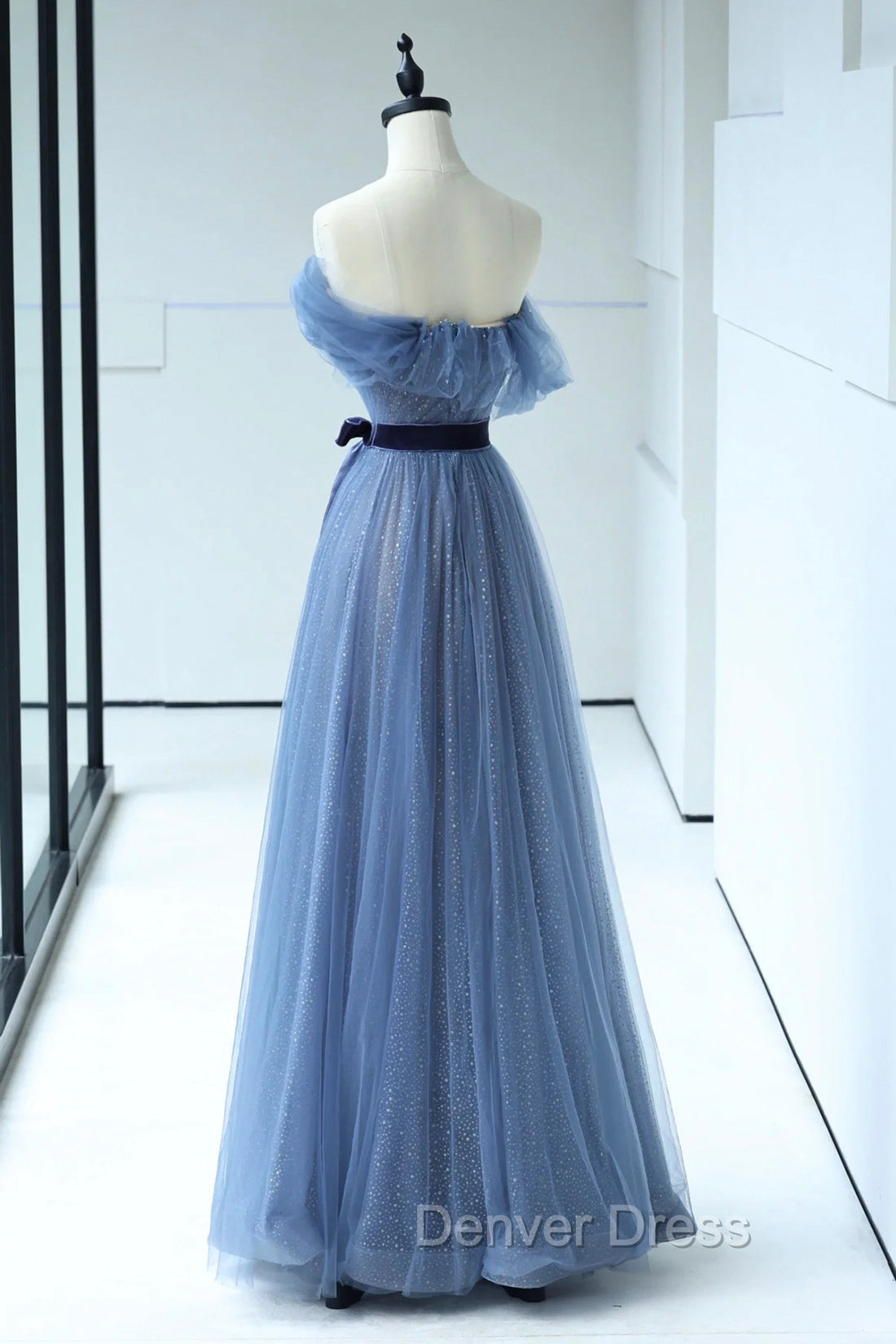 Blue Floor Length Prom Dress, A Line Strapless Tulle Prom Dresses