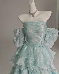 Blue Floral A-Line Strapless Organza Long Prom Dress Graduation Prom Dress