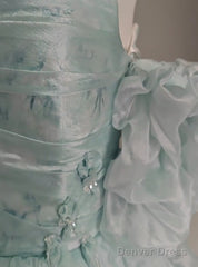 Blue Floral A-Line Strapless Organza Long Prom Dress Graduation Prom Dress