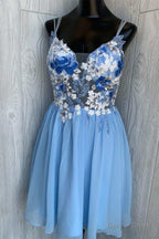 Blue Floral Embroidered A Line Short Homecoming Dresses