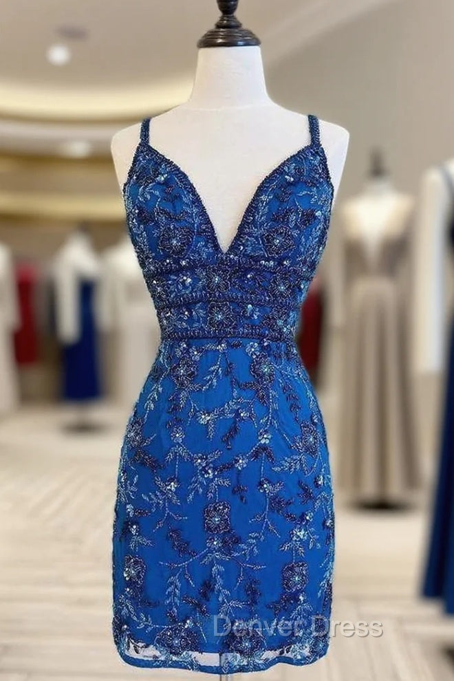 Blue Floral Lace Beaded Lace-Up Back Cocktail Dresses