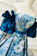 Blue Floral Pattern Long Senior Prom Dresses, Off the Shoulder Evening Party Dresses