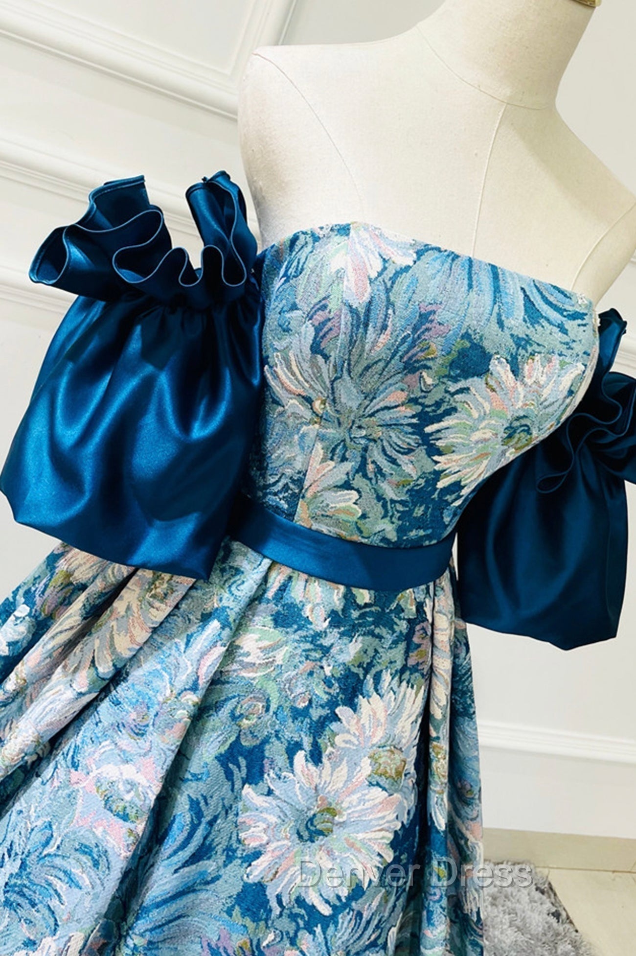 Blue Floral Pattern Long Senior Prom Dress, Off the Shoulder Prom Dresses