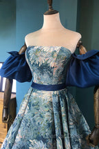 Blue Floral Pattern Long Senior Prom Dresses, Off the Shoulder Evening Party Dresses