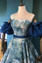 Blue Floral Pattern Long Senior Prom Dress, Off the Shoulder Prom Dresses