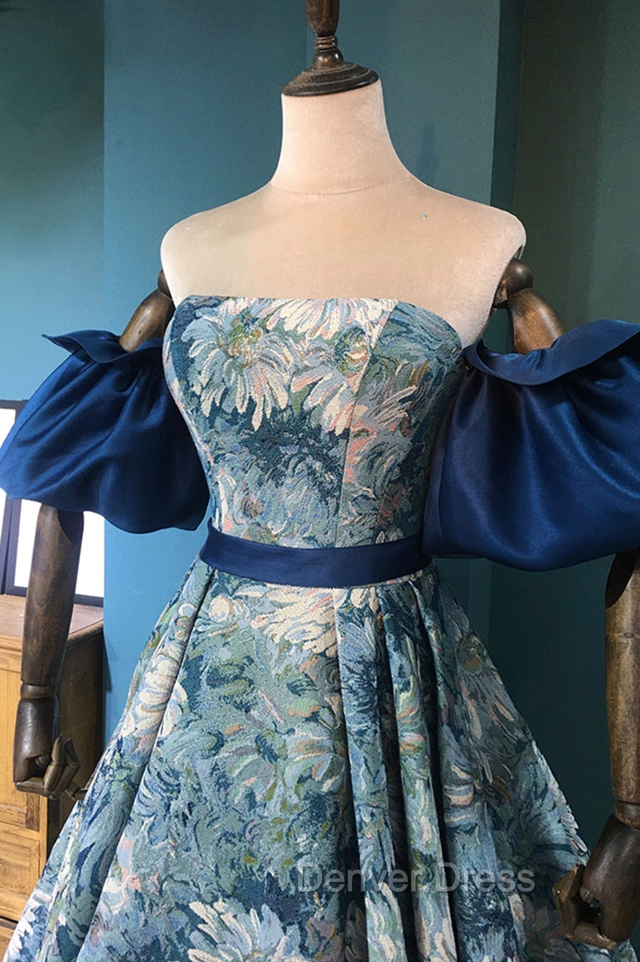 Blue Floral Pattern Long Senior Prom Dress, Off the Shoulder Prom Dresses