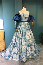 Blue Floral Pattern Long Senior Prom Dresses, Off the Shoulder Evening Party Dresses