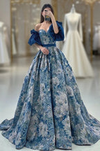 Blue Floral Pattern Long Senior Prom Dresses, Off the Shoulder Evening Party Dresses