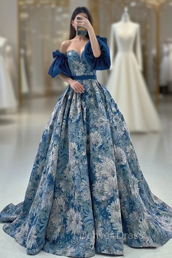 Blue Floral Pattern Long Senior Prom Dresses, Off the Shoulder Evening Party Dresses