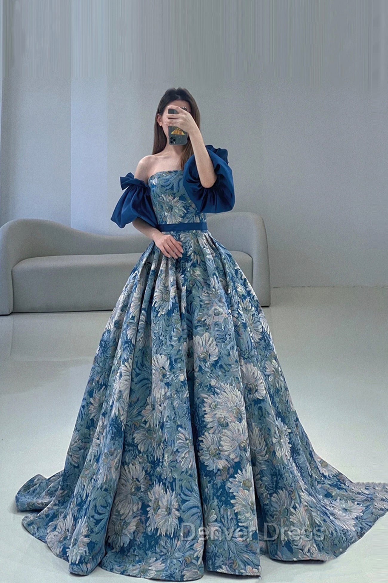 Blue Floral Pattern Long Senior Prom Dresses, Off the Shoulder Evening Party Dresses