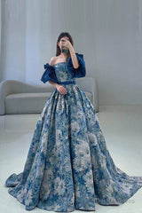 Blue Floral Pattern Long Senior Prom Dress, Off the Shoulder Evening Party Dress