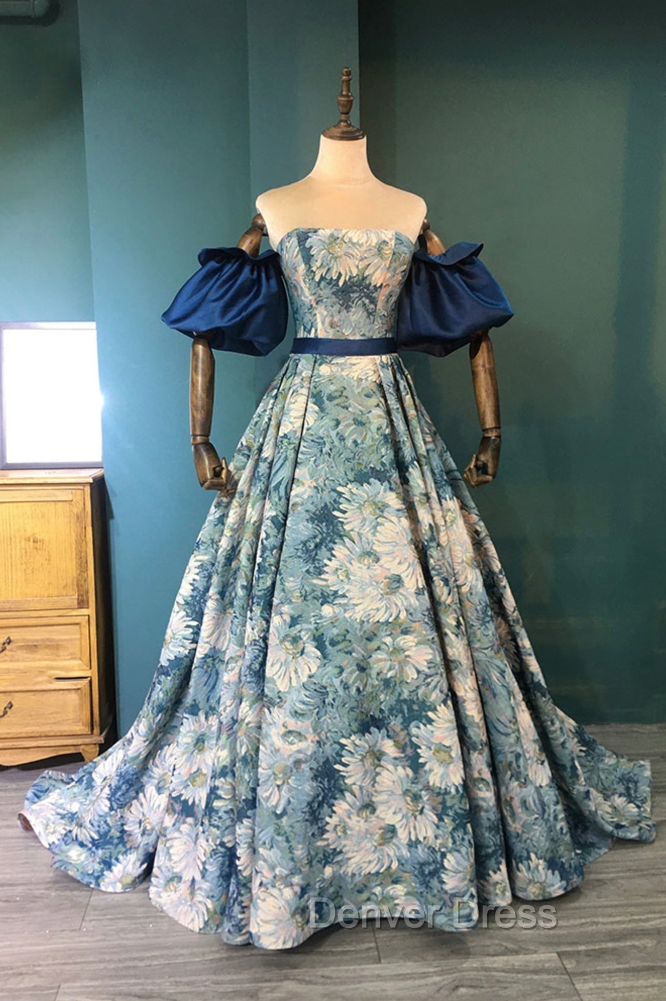 Blue Floral Pattern Long Senior Prom Dress, Off the Shoulder Prom Dresses