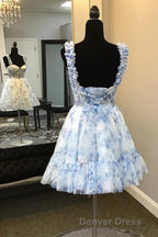 Blue Floral Printed Spaghetti Straps A Line Short Corset Homecoming Dresses