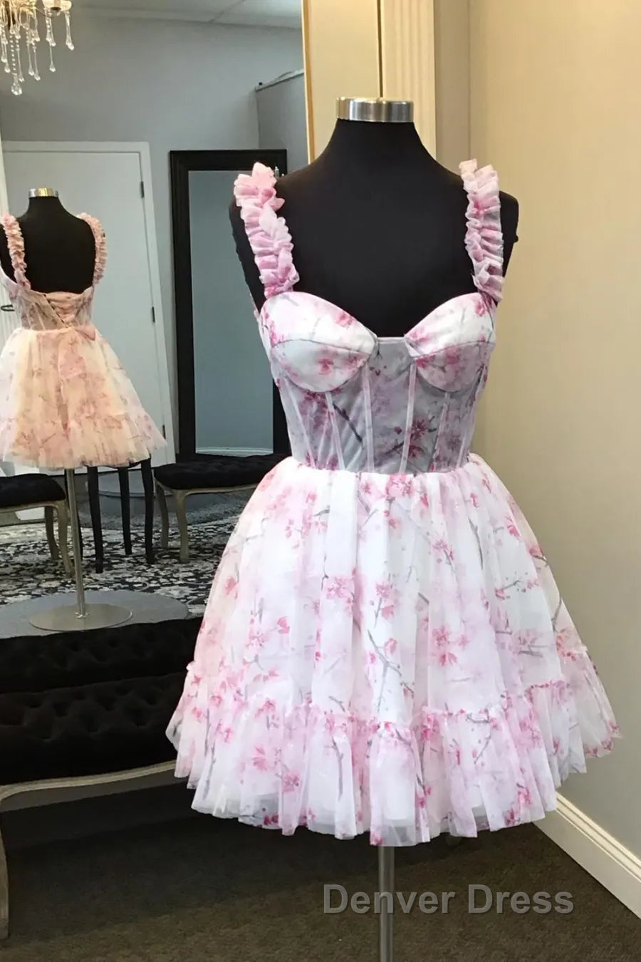 Blue Floral Printed Spaghetti Straps A Line Short Corset Homecoming Dresses