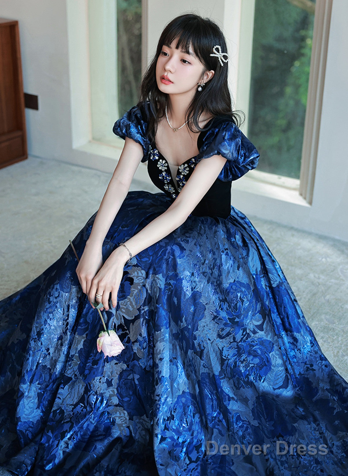 Blue Floral Satin Sweetheart Floor Length Prom Dress, Blue Satin Prom Dress